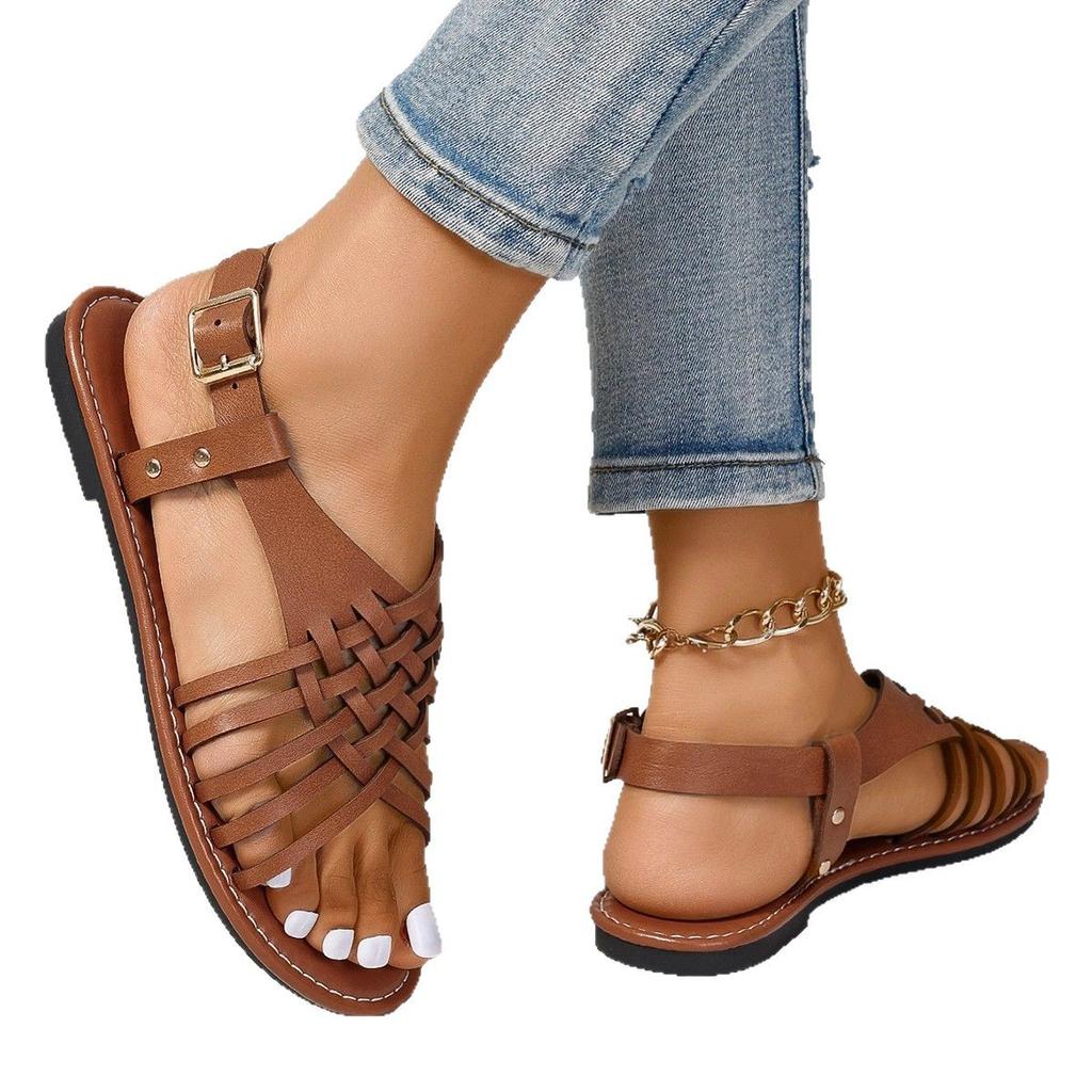 European and American Foreign Trade Large Size Flat-bottom Buckle Open-toed Sandals Women's Retro Style Cross Belt Light Beach Cool Slippers