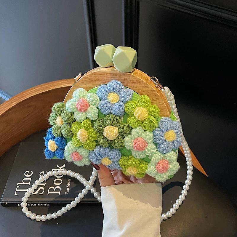 Ретро Деревянный Клатч Сумочка Модная Вязаная Сумка Крючком для Женщин Тренд Имитация Жемчужной Цепочки Сумка Кроссбоди Женская Вязаная Сумка Клатч