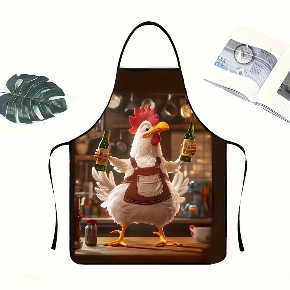 1pc Funny Cartoon Rooster Apron, Cute Chef Chicken with Beer Print Kitchen Apron for Cooking Baking Grilling