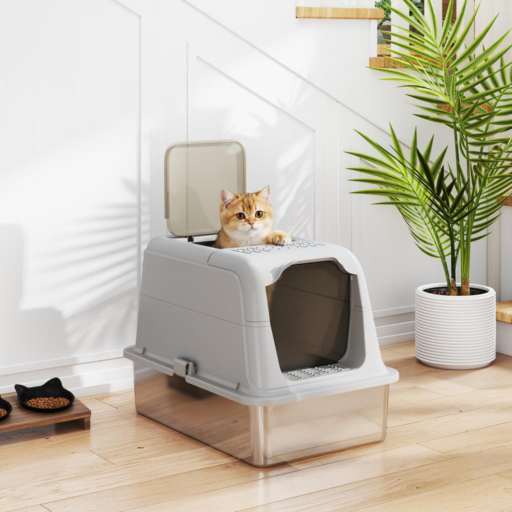 Extra Large Stainless Steel Litter Box, Enclosed Cat Litter Tray with Scoop, Deodorizer Bag, Front-Entry and Top-Exit