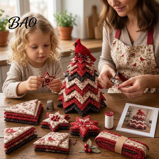 Decorative Handmade Christmas Tree Bird Patchwork Kit, DIY Quilted Fabric Craft Floral Cotton Sewing Material Set Centerpiece for Holiday Home
