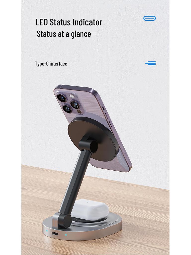 Регулируемая складная магнитная беспроводная зарядка 3-в-1 для iPhone, Apple Watch и наушников.