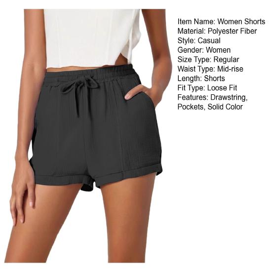 Women Shorts High Waist Adjustable Drawstring Summer Shorts with Pockets Solid Color Loose Fit