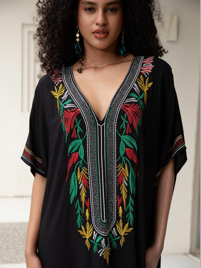 Black Maxi Dresses Women Summer Embroidery Viscose Holiday Cover Ups for Swimwear Beachwear Bathing Suits