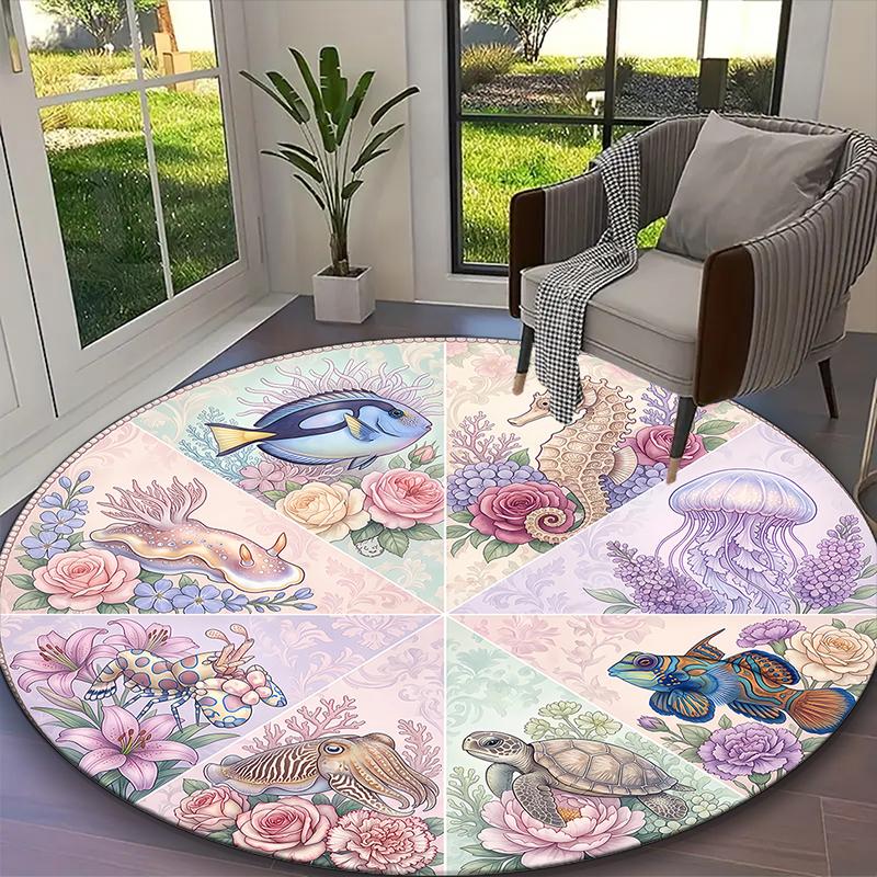 1pc Office Carpet, Calm Turtle Dolphin Marine Chair Rug, Living Room Printed Round Rug, Home Chair Floor Mat