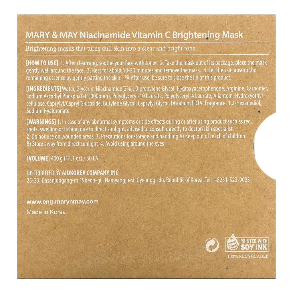 Mary & May Niacinamide Vitamin C, Brightening Beauty Mask, 30 Sheets, 400G(14.1Oz)