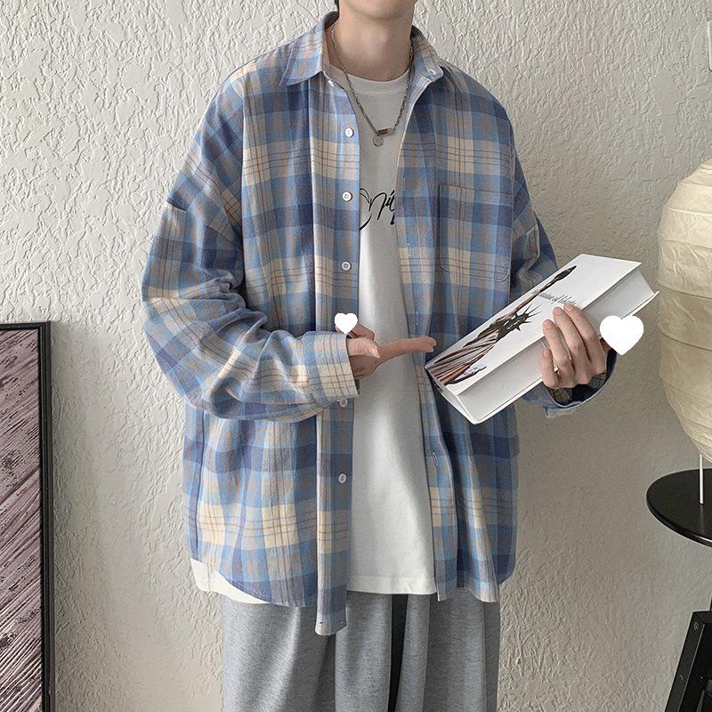 Мужская летняя рубашка из шелка Ice Silk с длинными рукавами в клетку — модный свободный топ с защитой от солнца для пар