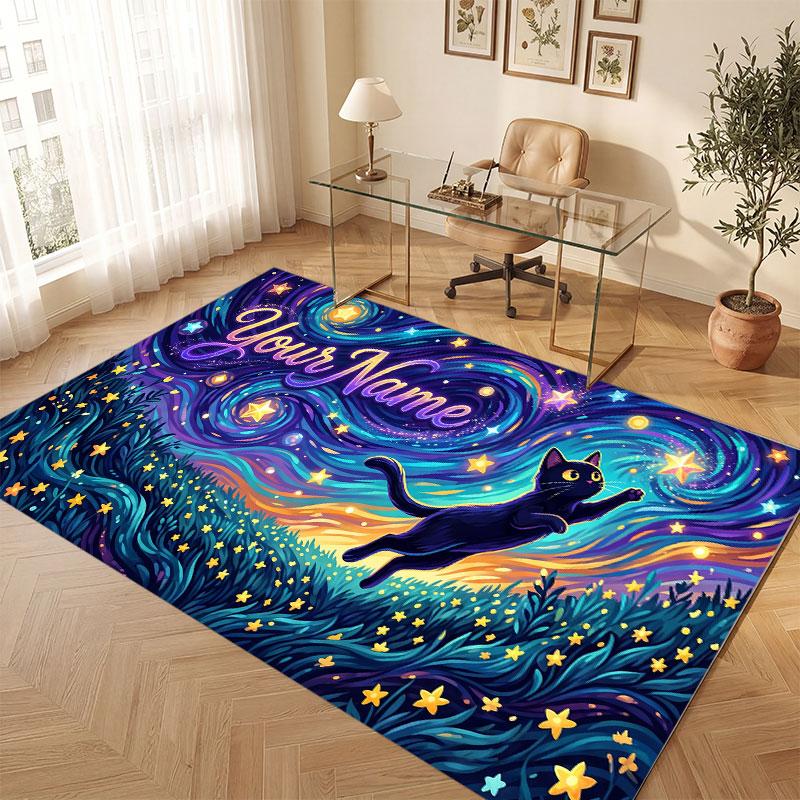 Cat Theme Crystal Velvet Floor Rug Personalized Custom Name Text Warm Carpet Home Decoration