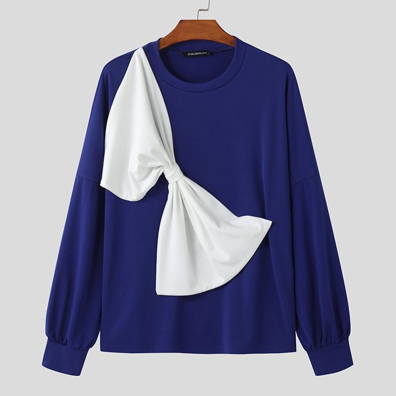 INCERUN Men Round Neck Big Bow Patchwork Long Sleeve Pullover Tops