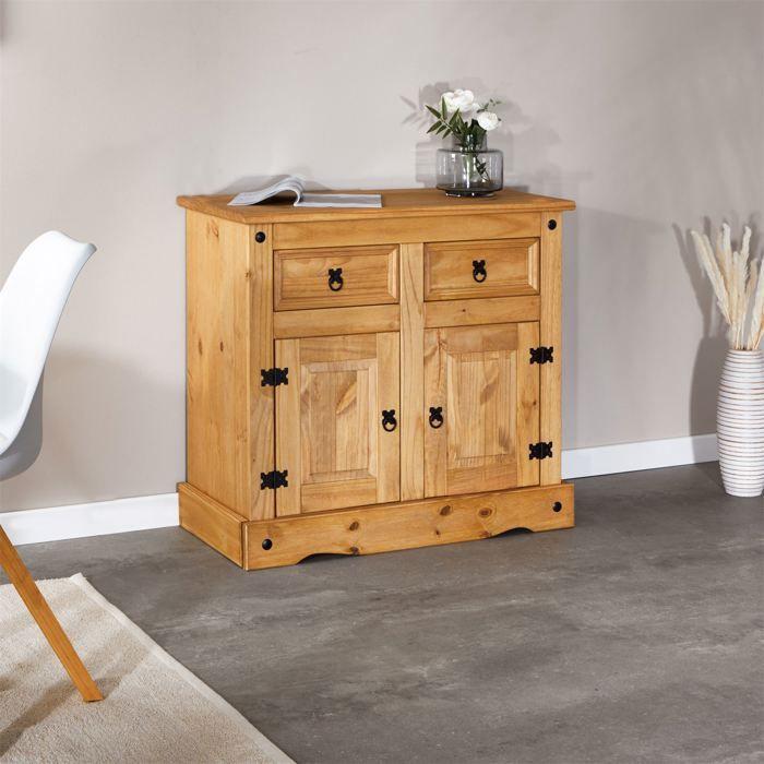 Buffet SALSA commode bahut vaisselier en bois style mexicain avec 2 portes et 2 tiroirs, en pin massif finition teintée/cirée
