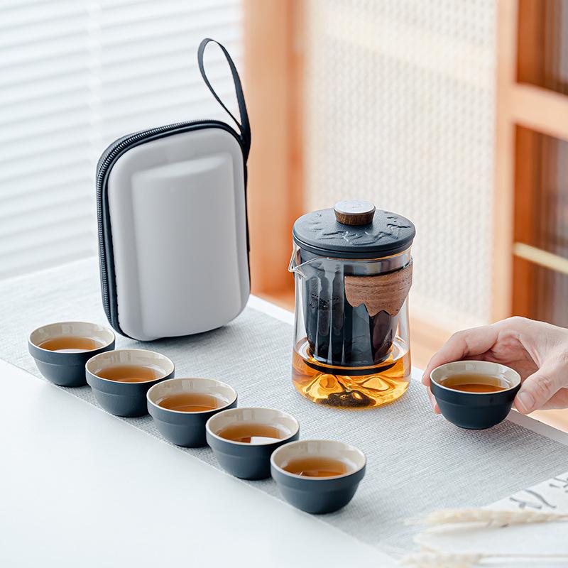 Glass travel tea set, outdoor kung fu tea cup, portable express cup, Japanese-style teapot, business gift set