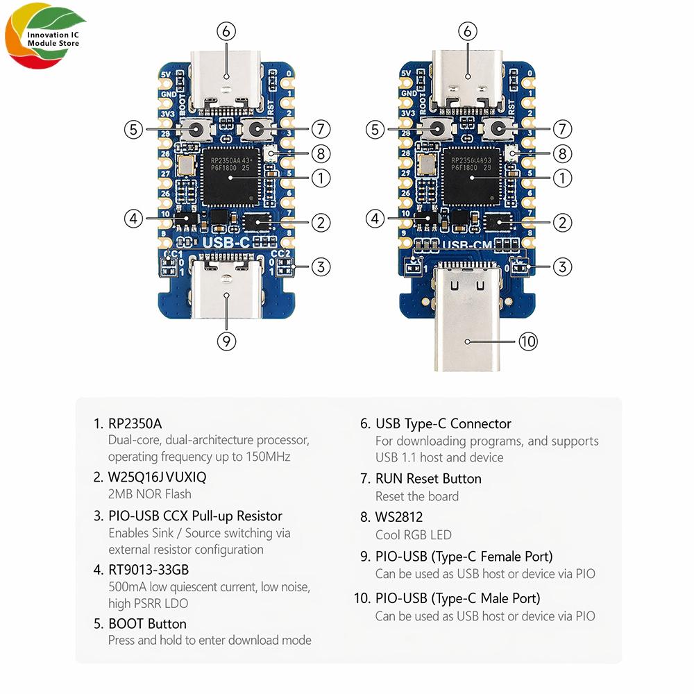 RP1111-USB-C Mini Development Board Dual Type-C Male/Female Dual Core Microcontroller Development Board