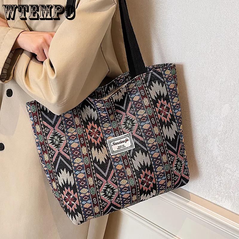 WTEMPO Casual Zipper Versatile Tote Shoulder Bags Women's Commuting Printed Handbags Ethnic Style Large Capacity Canvas Bags