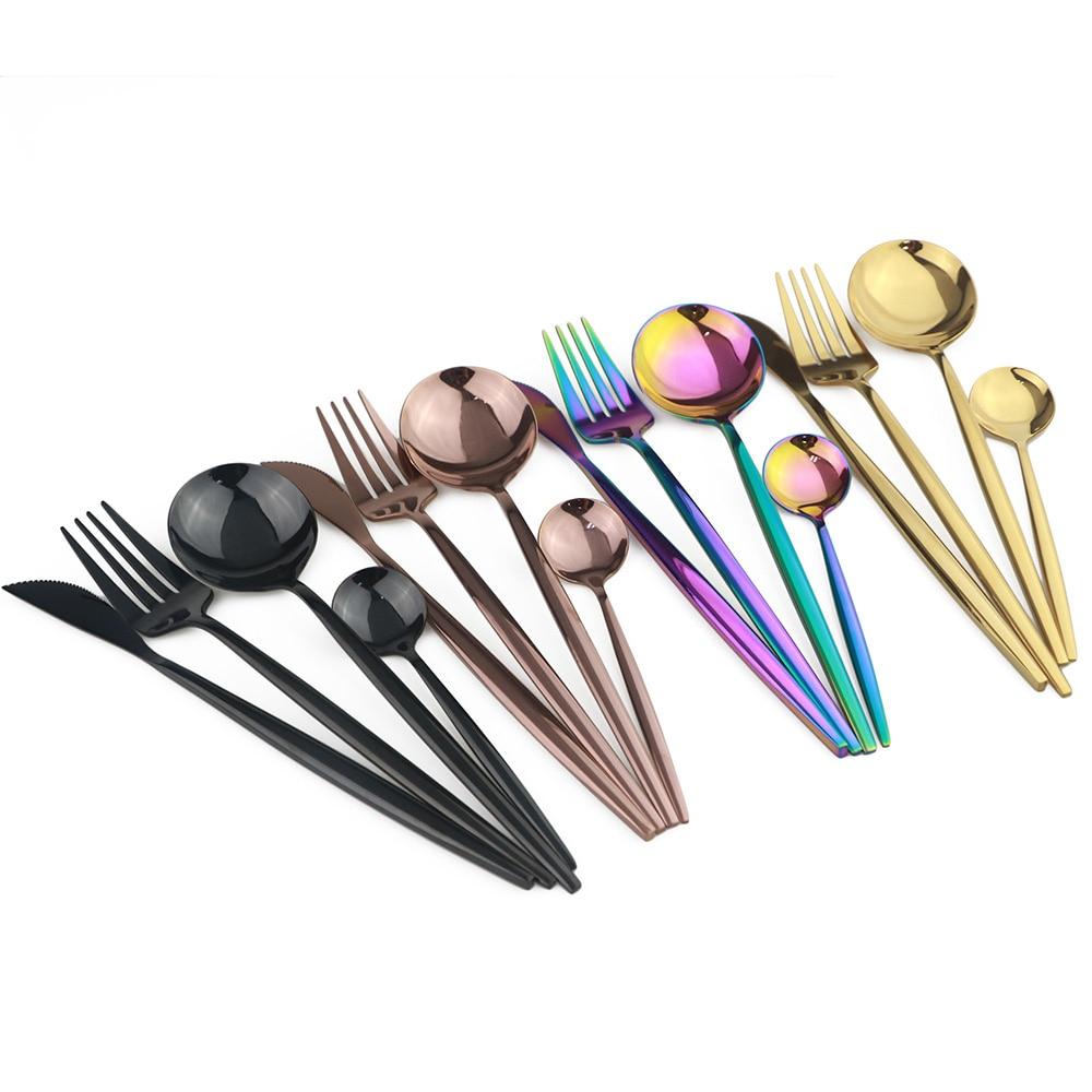 4 шт. черный набор столовых приборов из нержавеющей стали, столовые приборы Радужный обеденный набор, нож, вилка, ложка, набор столового серебра, кухонное зеркало, набор посуды
