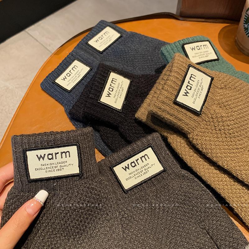 Зеленые вязаные шерстяные перчатки для женщин на зиму Корейская версия Утепленные Теплые Защита от холода для езды на велосипеде Пятипалые Сенсорные Пальцы Разделенные Пальцы Зимние