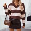 2024 European And American Autumn And Winter New V-Neck Women'S Knitted Sweater Loose Retro Pullover Striped Color Blocked Sweater
