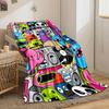 Colorful cartoon characters and musical elements in a vibrant collage. for all seasons blanket lunch break throw gift