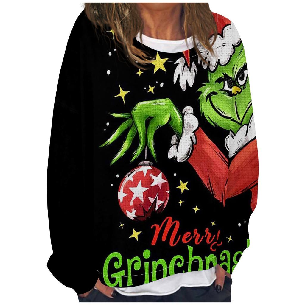 Женская повседневная модная толстовка с длинным рукавом и круглым вырезом с рождественским принтом, многослойный пуловер, топ