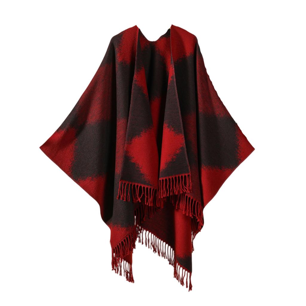 Ladies' Fashionable Single-color Fringed Slit Shawl, Double-sided Three-dimensional Wavy Warm Imitation Cashmere Scarf, Cloak Cardigan