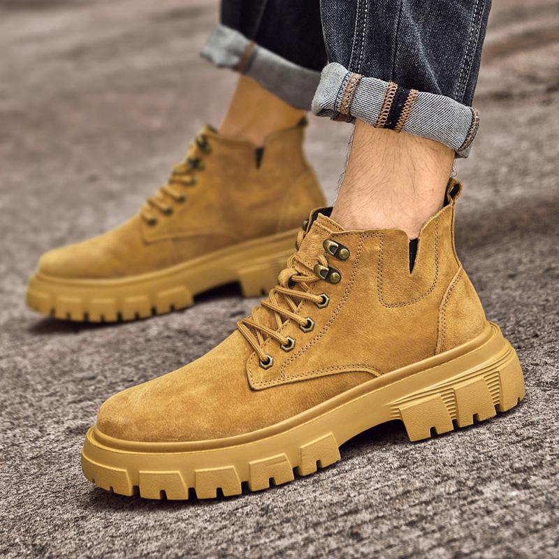 Winter Autumn Suede Leather Boots Fashion Style Hiking Sneakers High Top Plush Fur Motorcycle Boots for Men Outdoor Ankle Boots