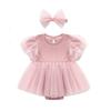 Baby Summer Short Sleeve Dress with Tulle Skirt and Hair Ruffled Solid Baby Prep Gift Girl's Coverall, Accessory, Pink, 6M,
