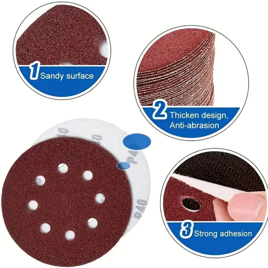 5/10pcs 5-Inch 8-Hole 125mm Red Sanding Discs, Hook And Loop Sandpaper For Dry Sanding, Random Orbital Sander Pads #100-#600