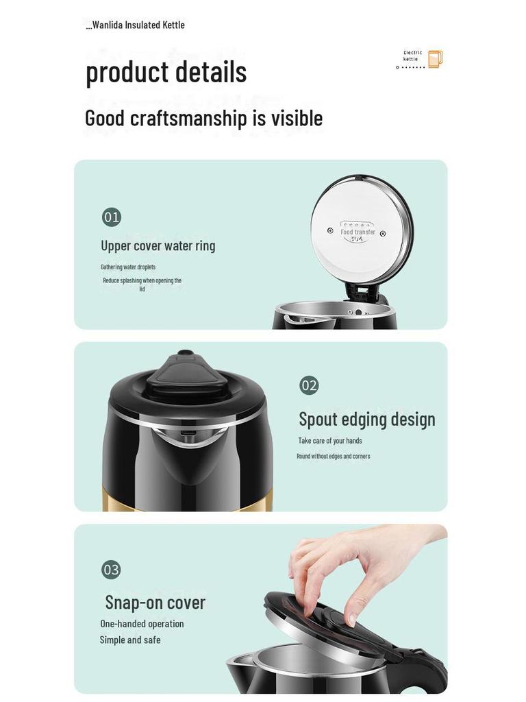 Электрический чайник Wanlida: Нержавеющая сталь, постоянная температура, большая вместимость, многофункциональность, автоматическое отключение питания.