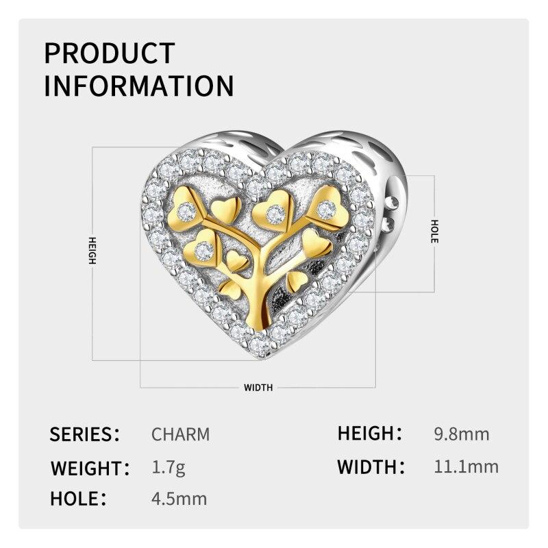 Jiuhao Classic Tree Of Life Heart Charms Silver -Colours With Gold Clear Cz For Original Bracelet Bands Jewelry Diy Gift