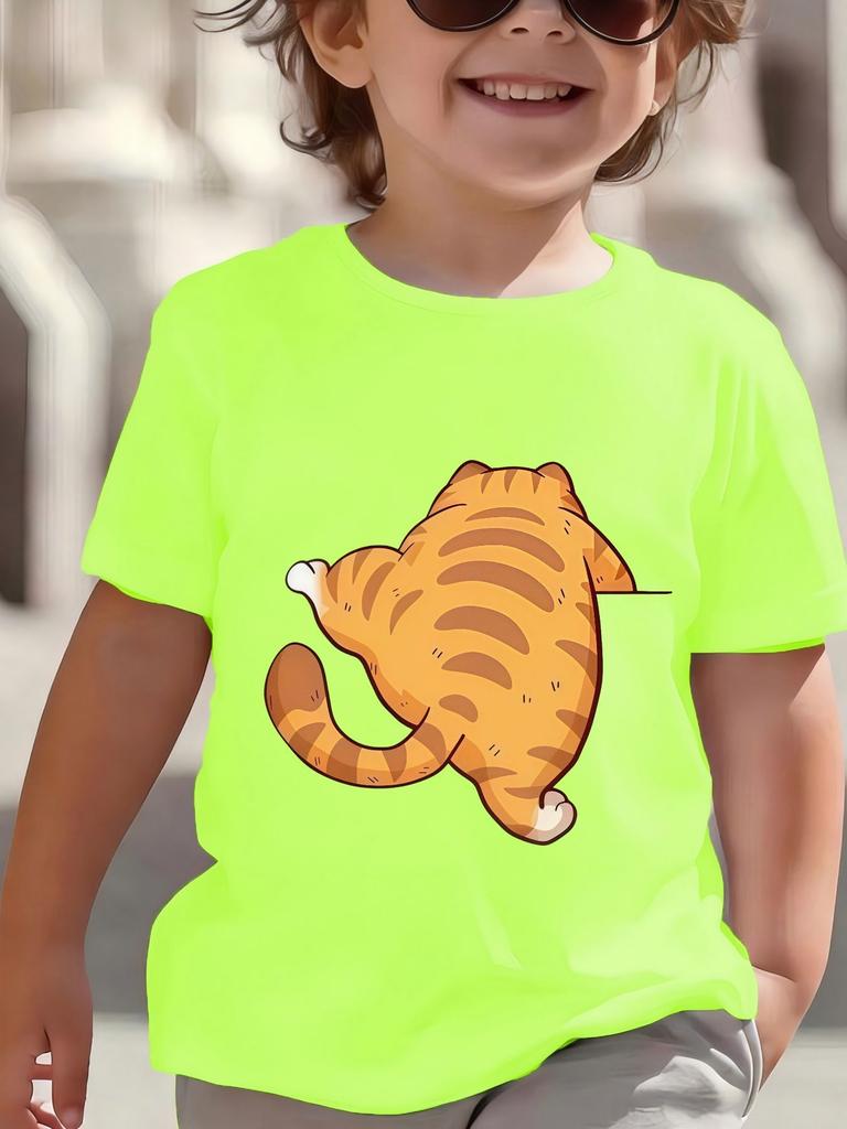 Cute Chubby Orange Tabby Cat Crawling Cartoon Pet Graphic Print T Shirt Family Matching Boys Girls Kids Casual Short Sleeve Tops