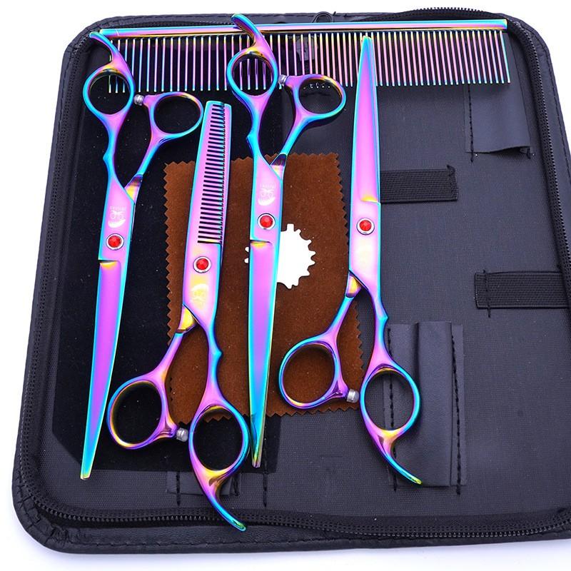 Professional Dog Grooming Scissors Set 7 Inch Stainless Steel Curved Straight Tooth Fishbone Kit Pet Hair Trimming