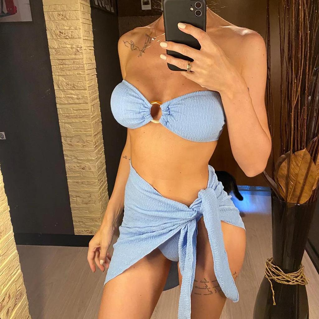 С саронг бандо без бретелек сморщенный бикини женский купальник женский купальник из трех частей бикини комплект купальный костюм