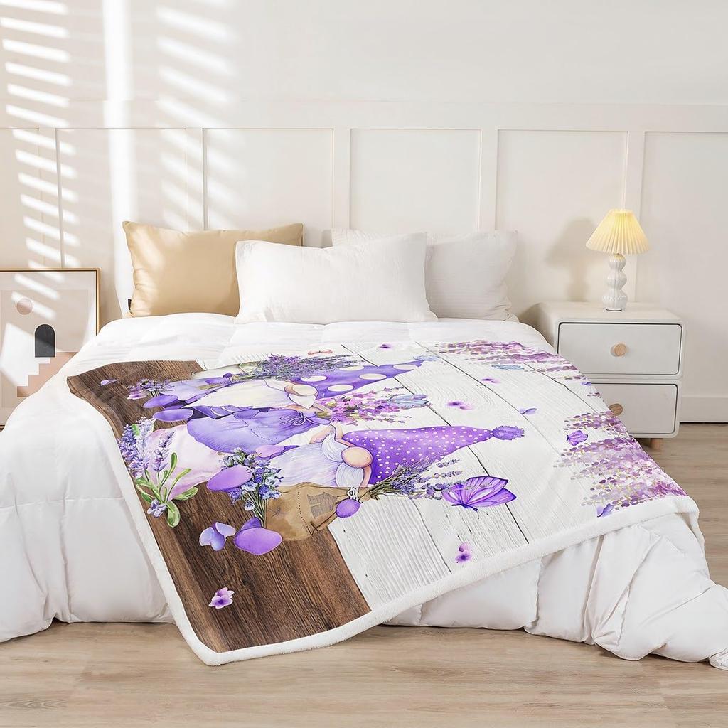 GUOYU Blanket Cute Gnomes Throw Blanket Purple Vine Flower Butterfly Blanket for Couch Sofa Lavender Bouquet Bed Blanket for Kids Boys Girls