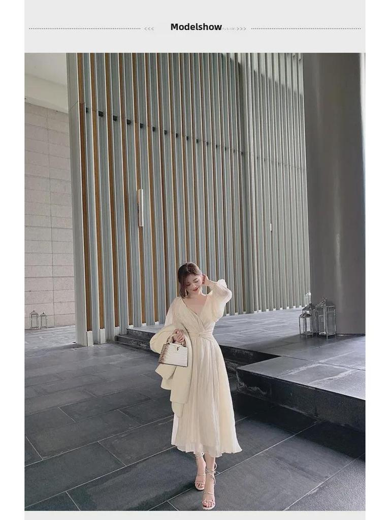 2024 French Style Puff Sleeve White Dress - Elegant Slim Fairy Princess Design