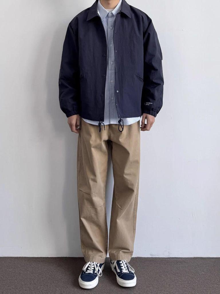 Мужская японская ретро куртка-коуч свободного кроя - отложной воротник, универсальный однотонный цвет, простая рабочая одежда для весны/осени, модный стиль униформы.