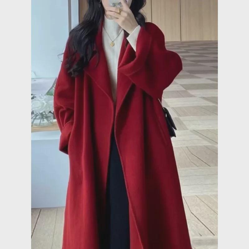 G Women's Spring 2024 Loose Red Wool Coat, Medium and Long
