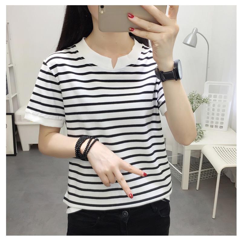 Women's Fashion Casual Summer Spring Stripe Print Short Sleeve V-Neck Blouses & Shirts