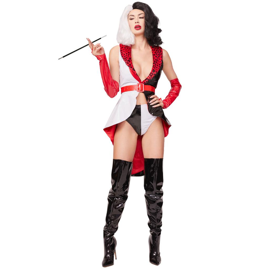 Новый костюм Куилы, сексуальный черно-белый костюм ведьмы из лакированной кожи с пятнами далматинца Круэллы для Хэллоуина