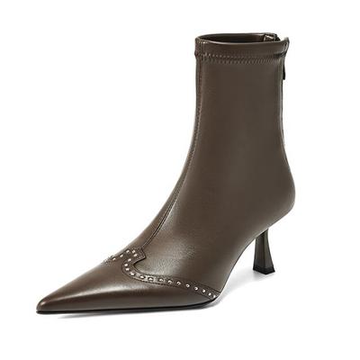 Зимние ботинки из микрофибры на шпильках, современные женские ботинки с молнией сзади, размер 42, заклепки, уличные эластичные ботильоны