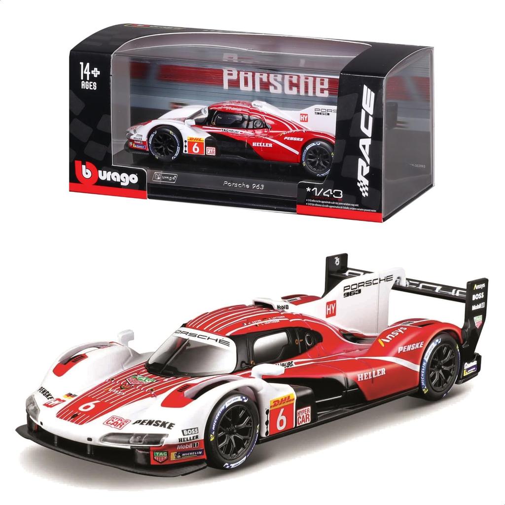 Модель автомобиля Porsche 963 #6 белого/красного цвета от Bburago в масштабе 1/43, литая, артикул 18-38319. (# 6)