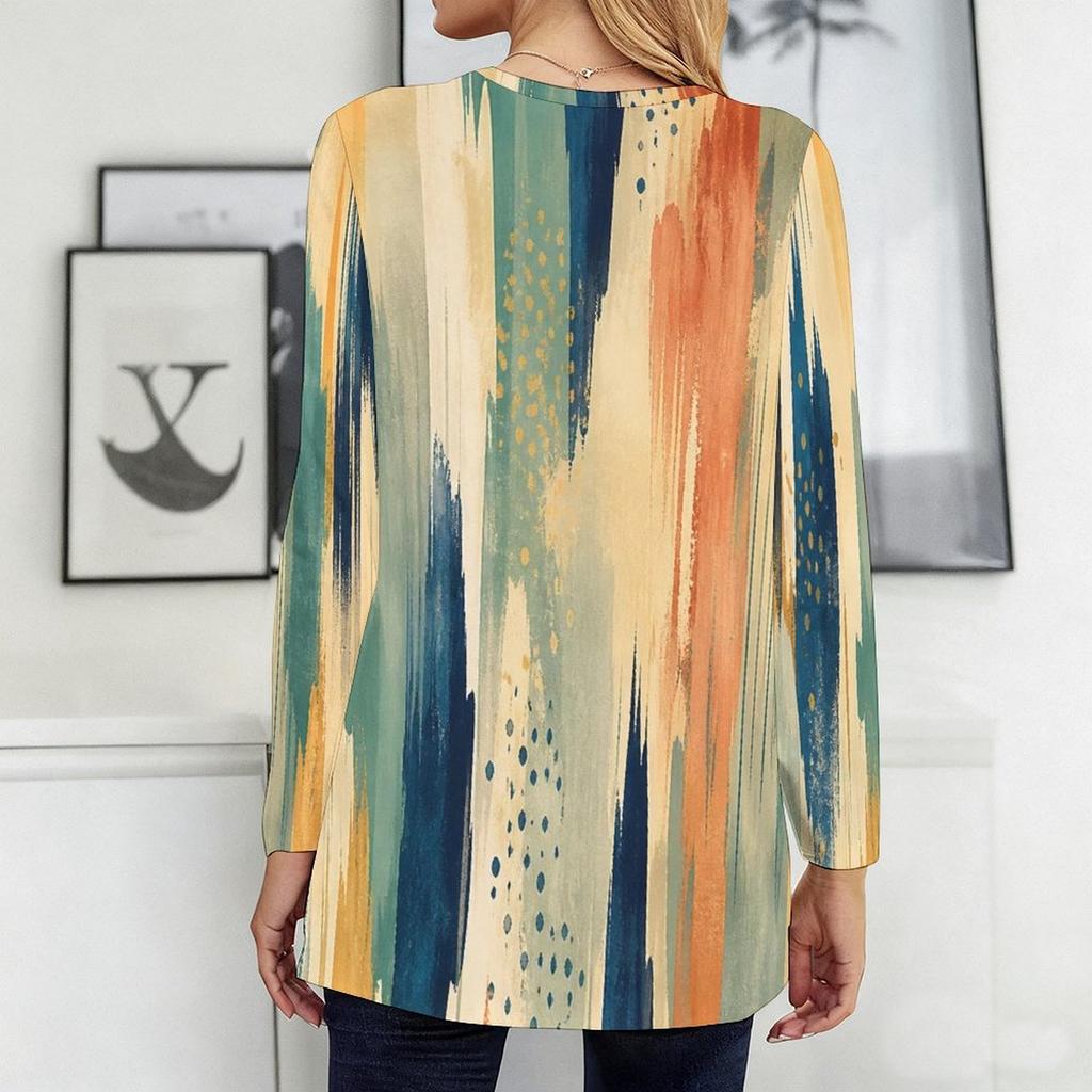Women Plus Size Round Neck Long Sleeve Blue Printed Loose Longline T Shirt With Pockets