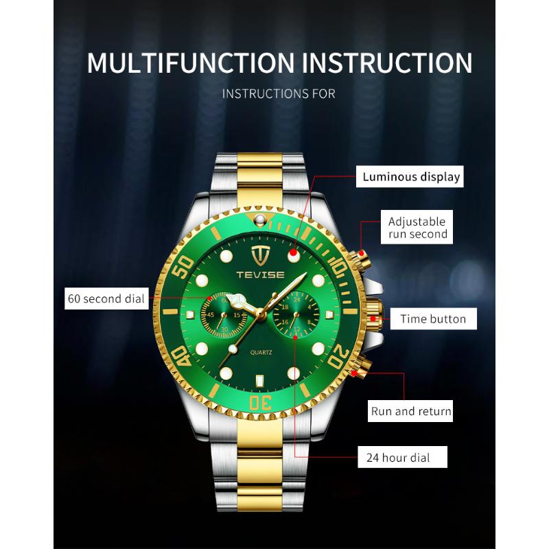 Tevise Мужские Бизнес-часы Нержавеющая сталь Кварцевые часы Дата Модные Повседневные часы Сапфировое стекло Часы