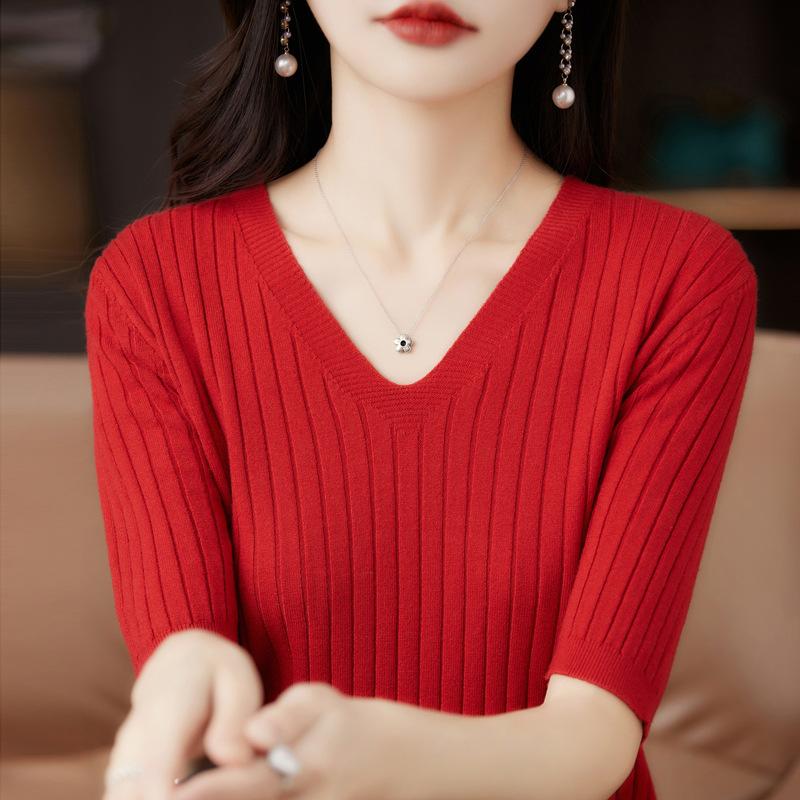 DAFIFY Women's Fashion Casual Summer Spring Solid Color Print Short Sleeve V-Neck Blouses & Shirts