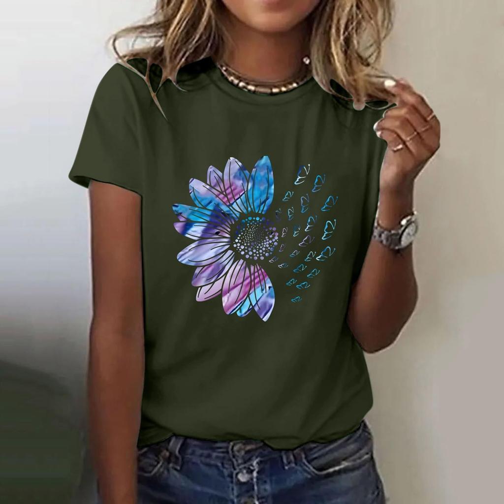 Женская повседневная футболка с короткими рукавами и круглым вырезом с цветочным принтом Топ