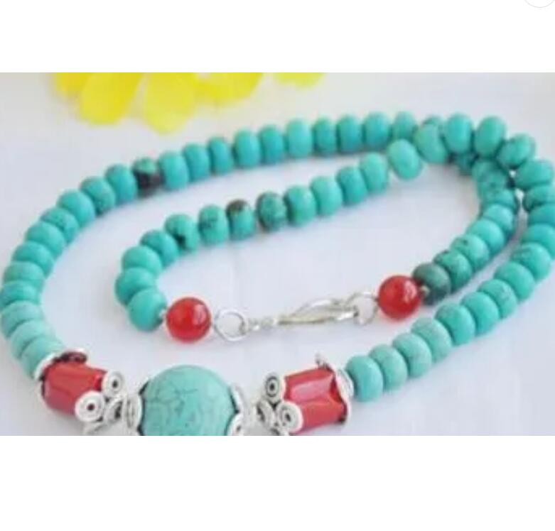 Tibet Cultural Round Turquoise Bead Red Coral Necklace