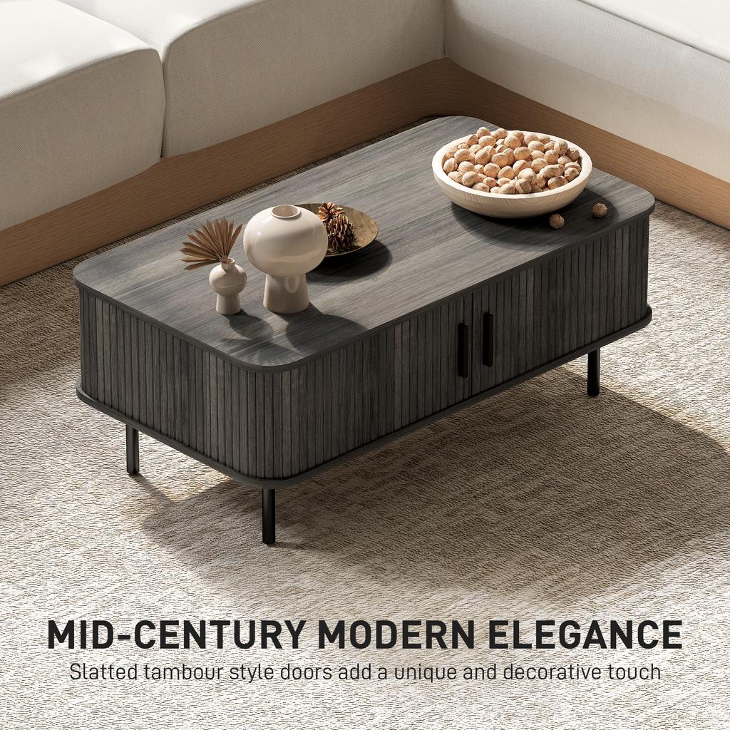 Coffee Table with Storage, Living Room Table with Slatted Tambour Sliding Doors and Foot Pads