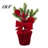 Holiday Desk Decorations Velvet Christmas Ball Potted Plants, Mini Tree with Artificial Pine, Tabletop Red Berry, Fabric Bow, Centerpiece for