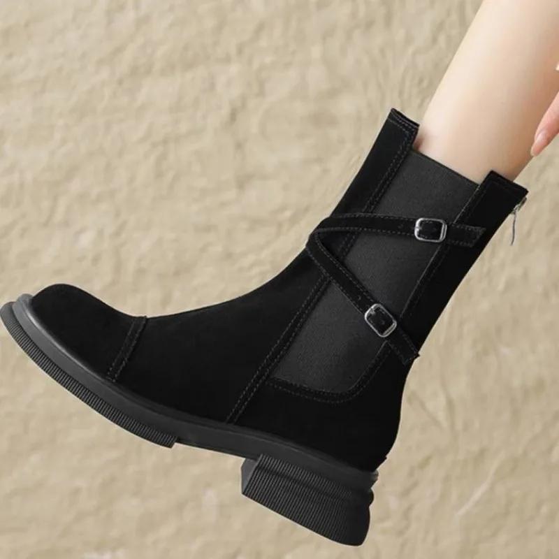 Модные полусапоги на молнии сзади для женщин Обувь Осень Зима Перекрестный ремешок Женские ботильоны челси Квадратный каблук Повседневные женские сапоги 35-40