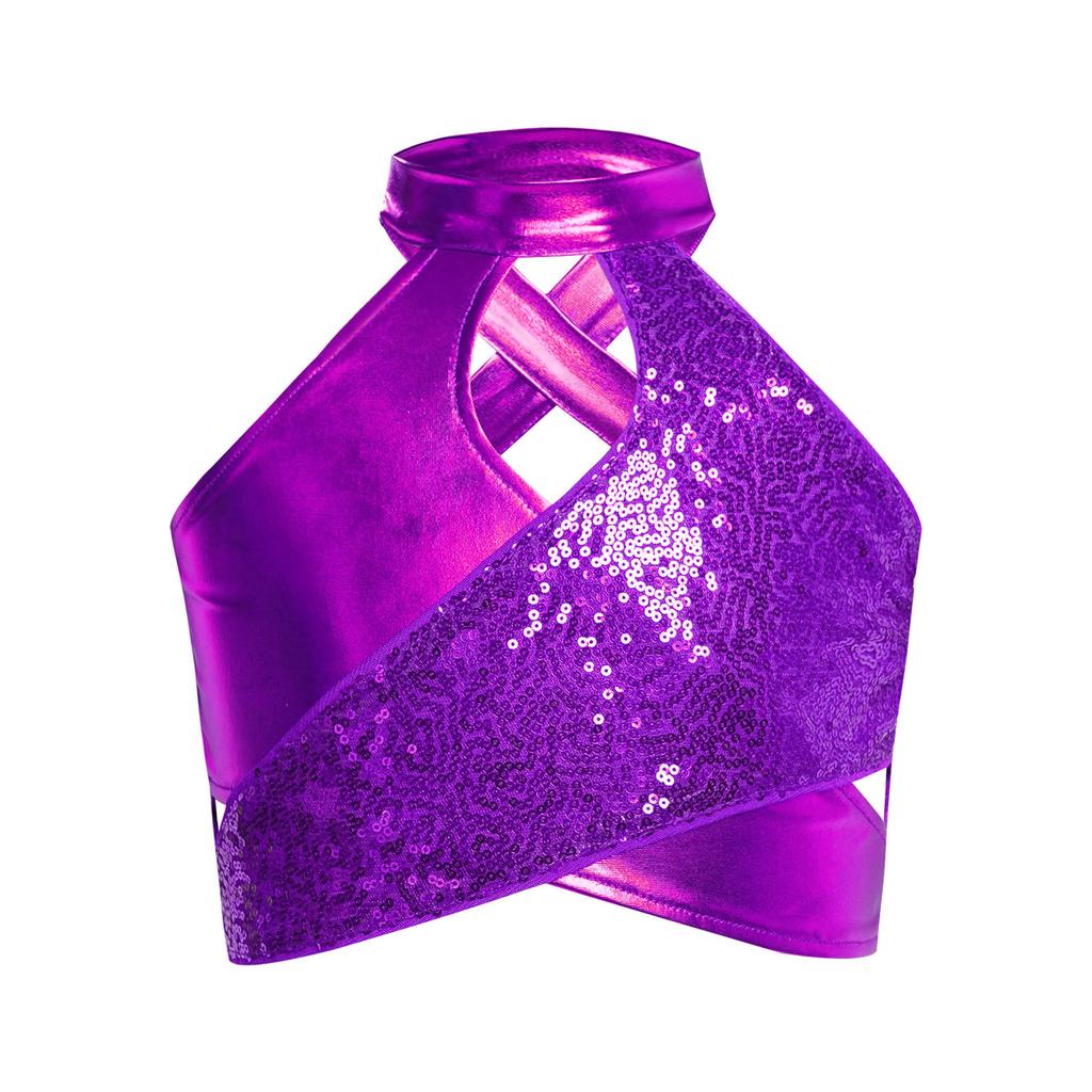 Детская джазовая одежда Блестящие пайетки Металлический кроп-топ с перекрещенным вырезом Костюм для бальных танцев