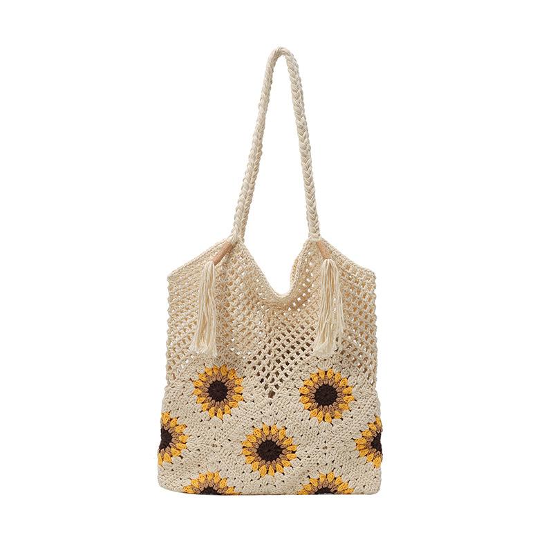 Летняя новая вязаная сумка-тоут с подсолнухом, пляжная сумка для моря, большая вместимость, сумка, сплетенная из хлопковой нити