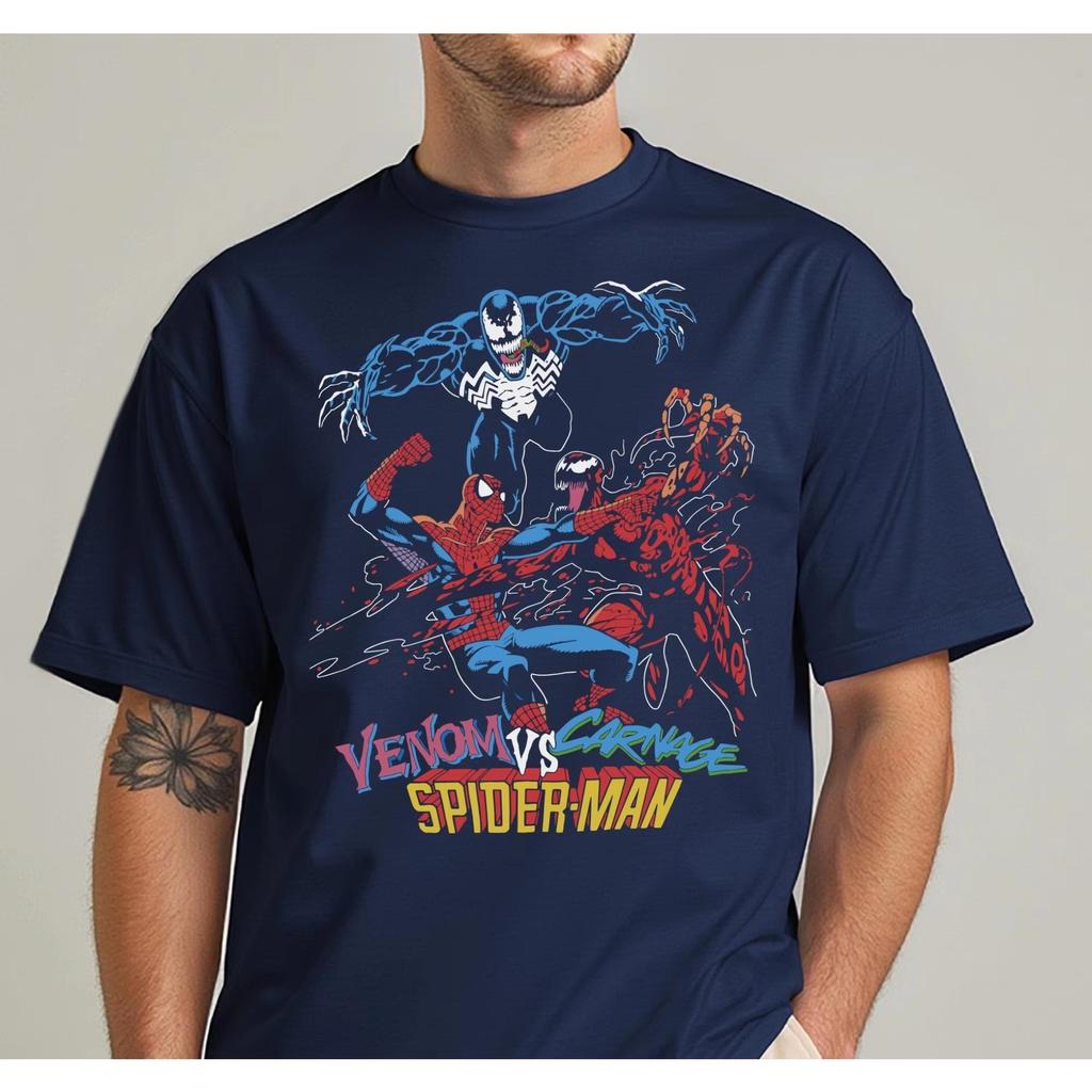 SpiderMan Vs Venom Tshirt Vintage Comic Carnage Graphic Tee Men Cotton Short Sleeve Marvel Battle Scene Print Tops Harajuku